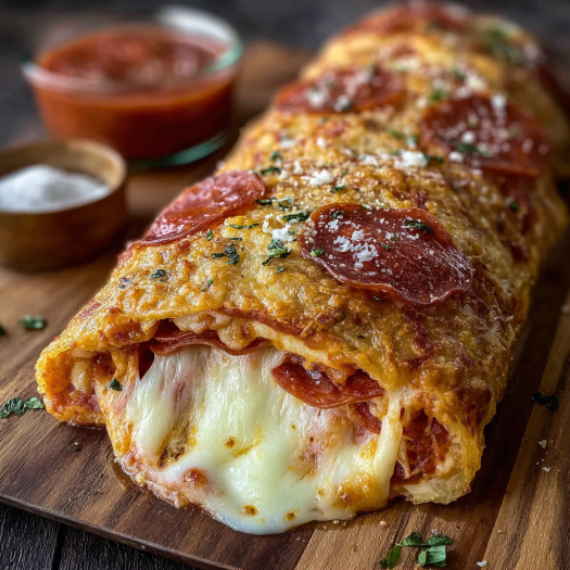 A delicious Tremendous Cheesy Pepperoni Stromboli is served on a wooden cutting board.