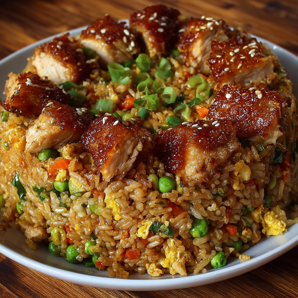 A plate of Bang Bang Chicken Fried Rice with various ingredients such as carrots, peas, and onions.