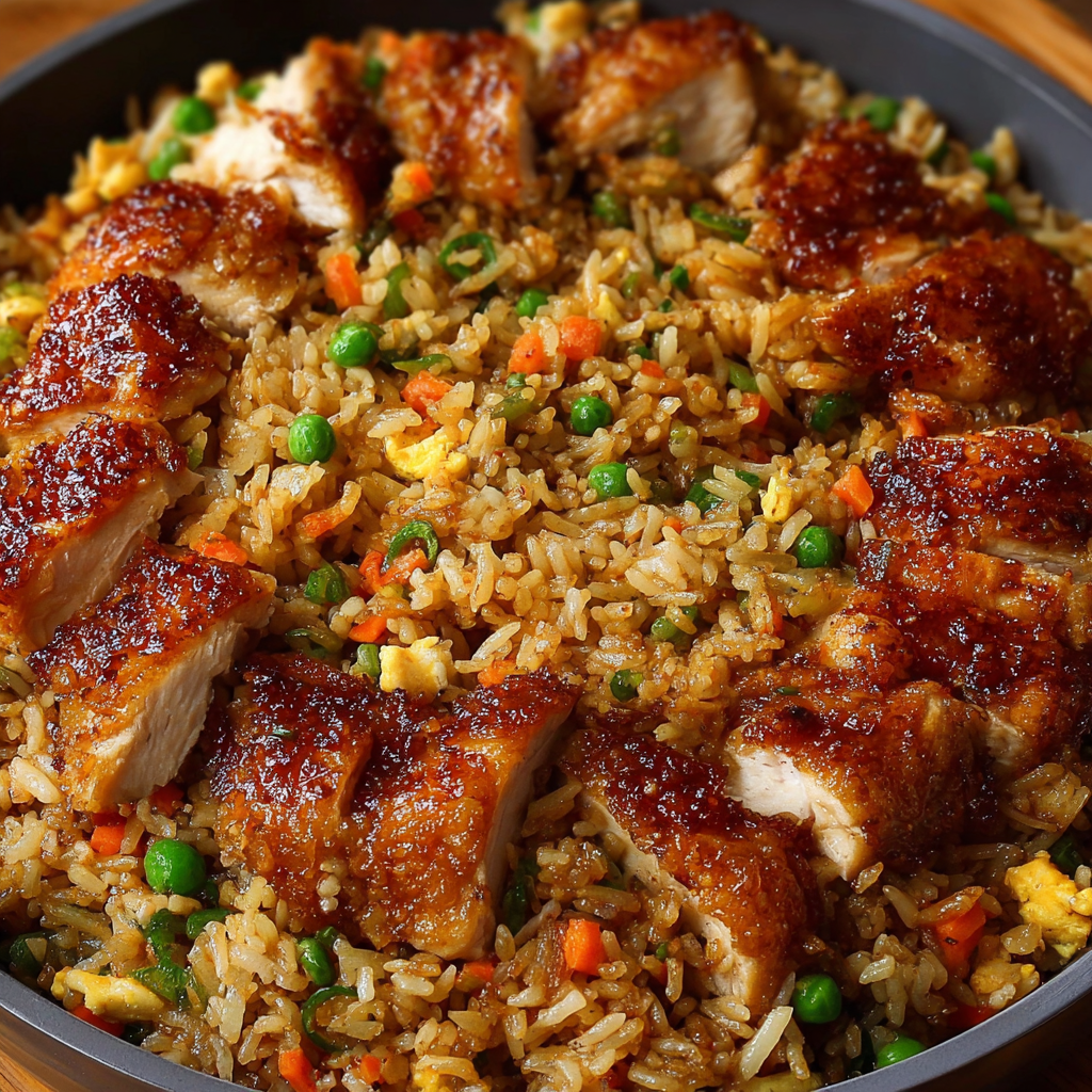 A delicious stir fry dish with rice, chicken, peas, and carrots.