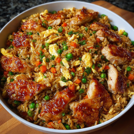 A bowl of rice and chicken with peas and carrots, possibly a stir fry dish.