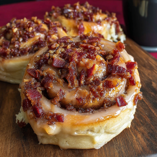 Two delicious looking bacon cinnamon rolls with a maple glaze.