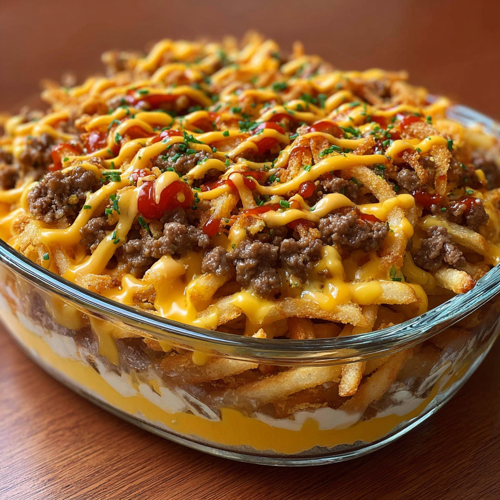 A delicious layered cheeseburger French fry casserole in a glass bowl.