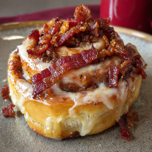 A delicious bacon wrapped doughnut with a generous amount of icing.