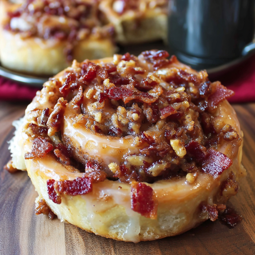 A glazed bacon wrapped donut with a slice of bacon on top.