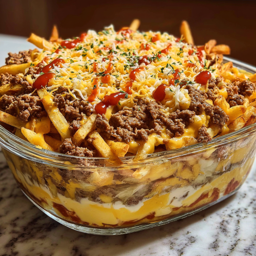A delicious meal of chili cheese fries in a glass bowl.