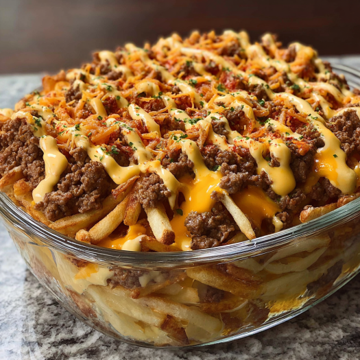 A delicious meal of chicken and cheese covered fries in a glass bowl.