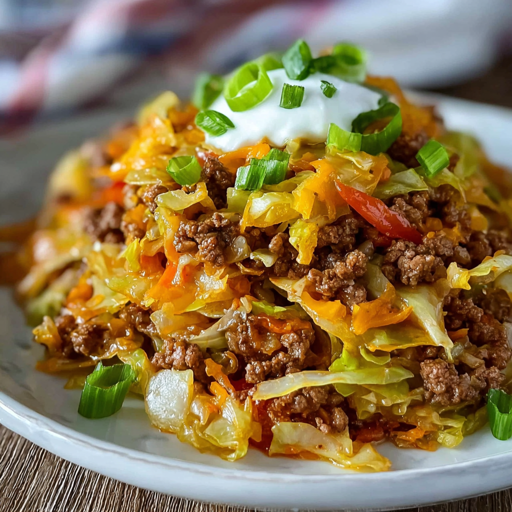 A delicious Ground Beef Taco Cabbage Skillet is served on a white plate.