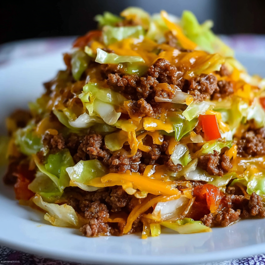 A white plate with a pile of meat and vegetables, including lettuce and tomatoes, on top. The dish is described as a "Cheesy Beef and Vegetable Casserole.
