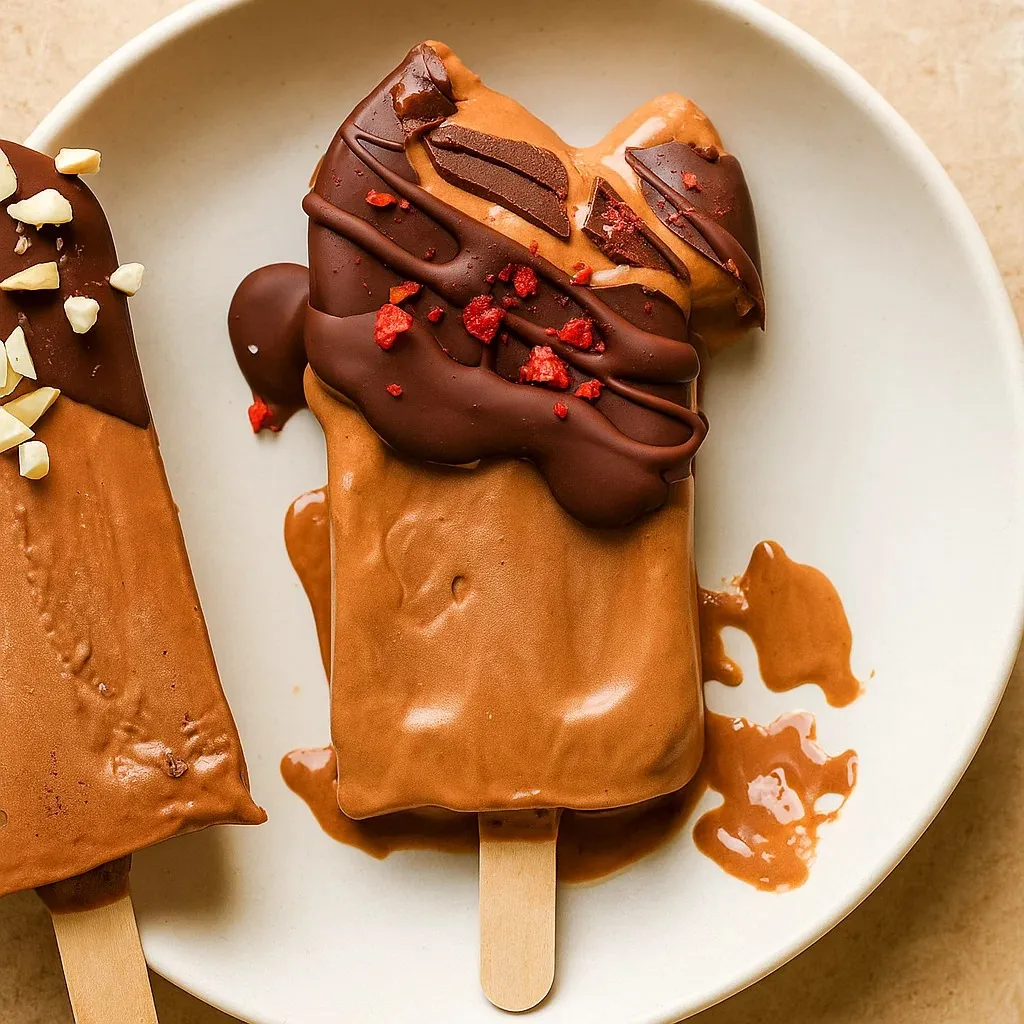 Two chocolate popsicles with red and brown toppings on a white plate.