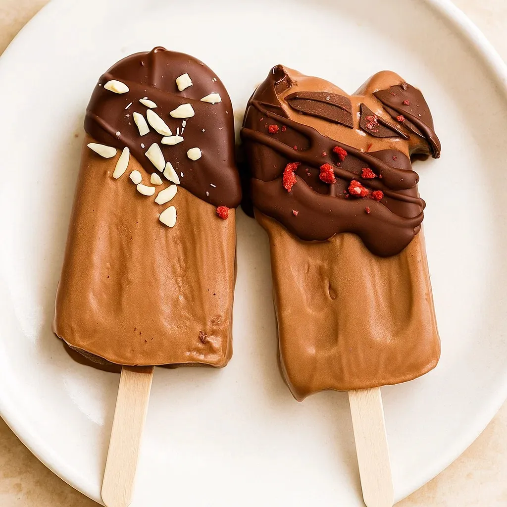 Two chocolate popsicles with almonds on a white plate.