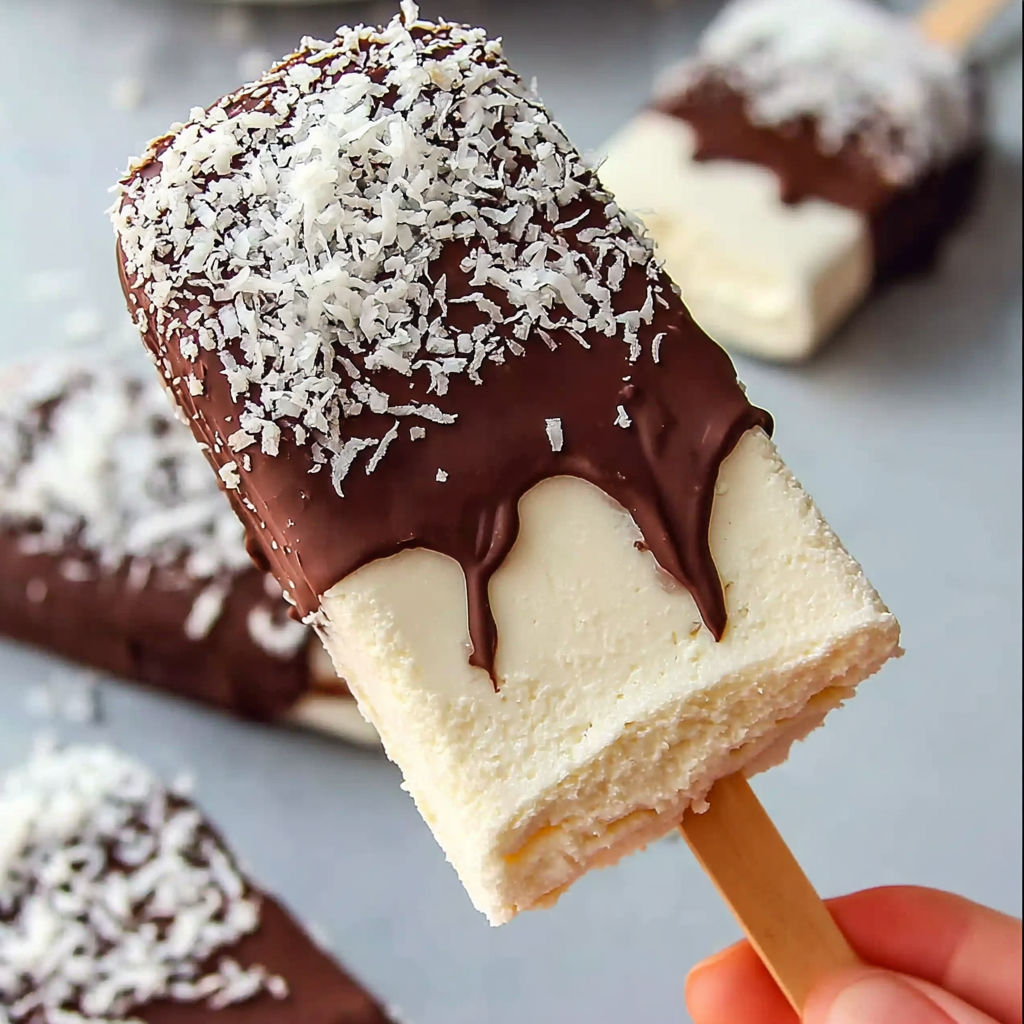 A person is holding a popsicle with chocolate and coconut toppings.