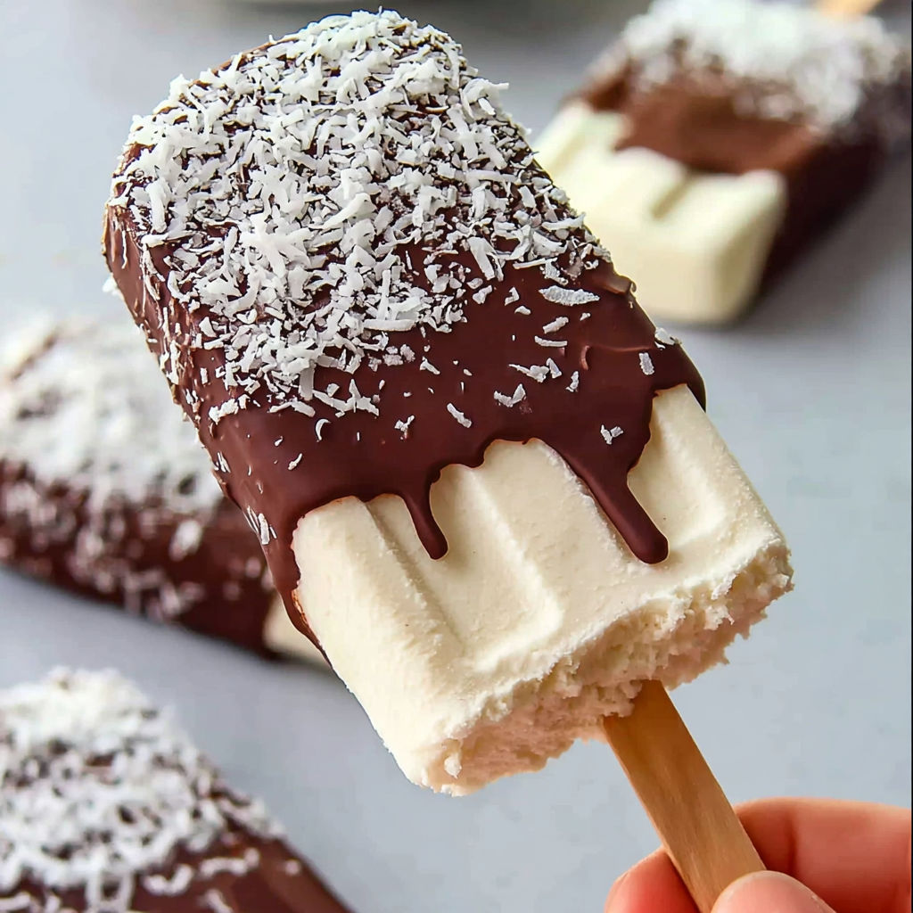 A person is holding a chocolate and coconut covered ice cream bar.