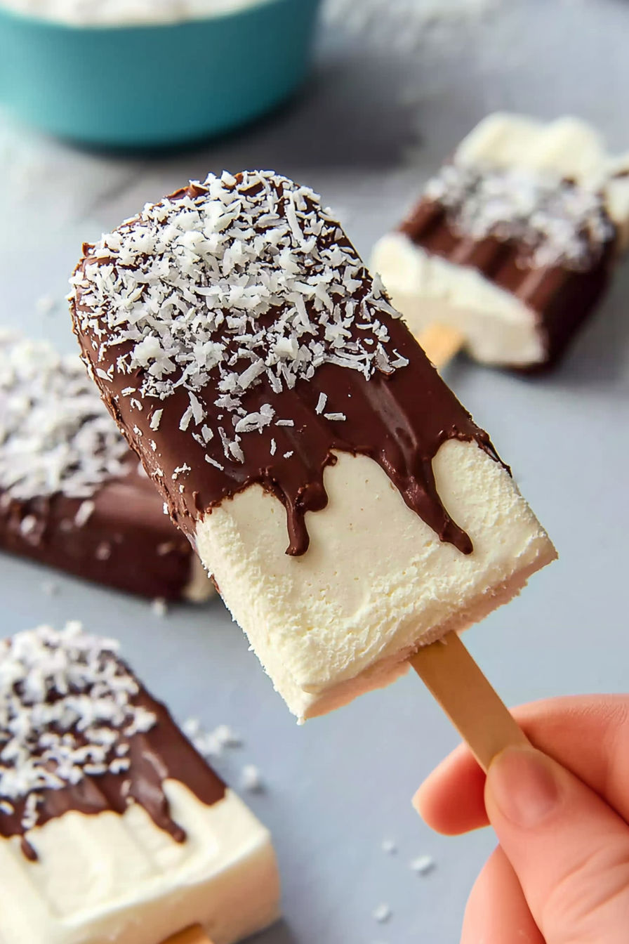 A person is holding a chocolate and coconut covered ice cream bar.