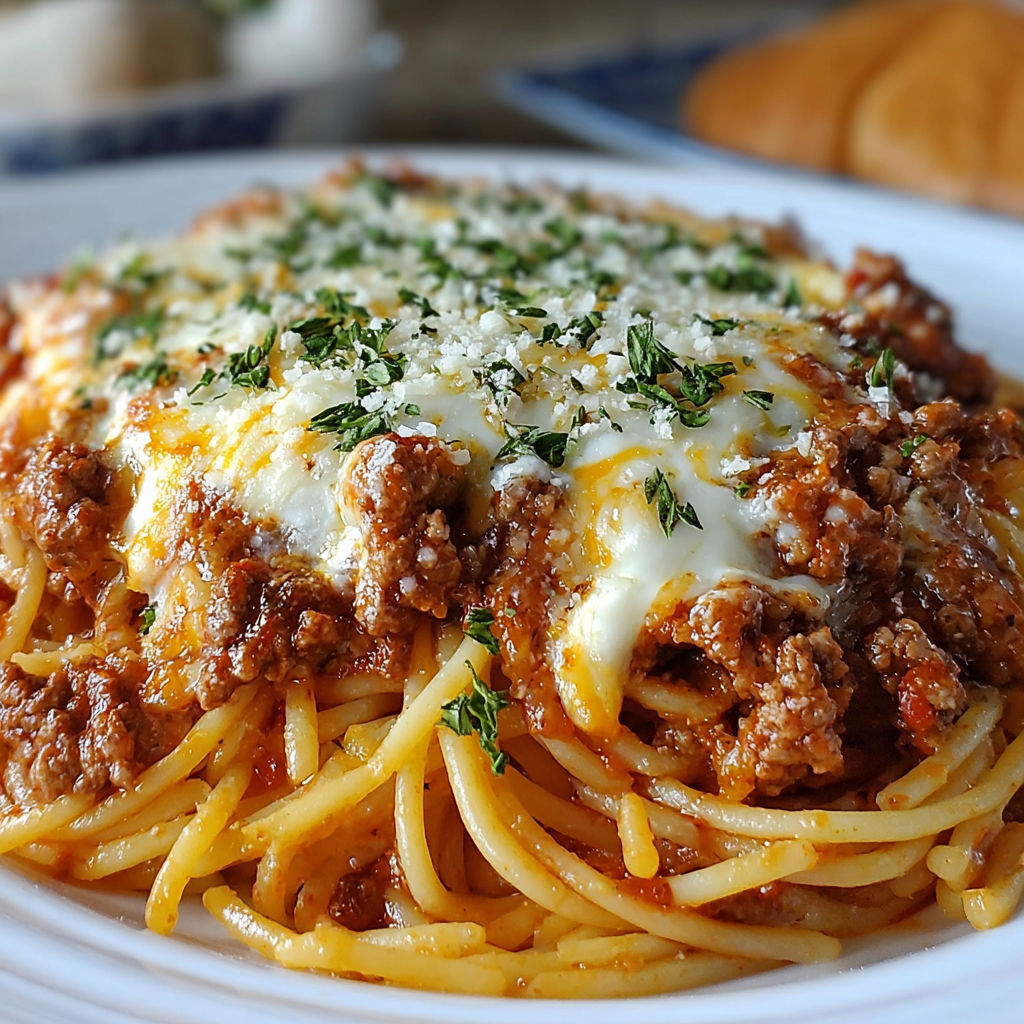 A delicious Baked Cream Cheese Spaghetti Casserole is served on a white plate.