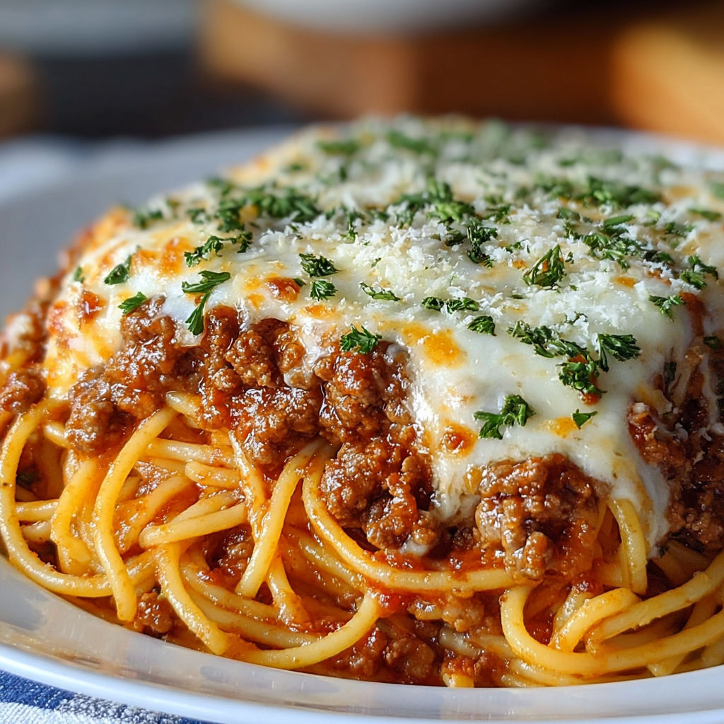 A plate of spaghetti with meat sauce and cheese on top.