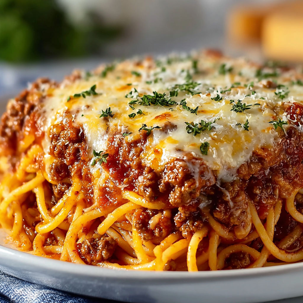A plate of spaghetti with meat sauce and cheese on top.