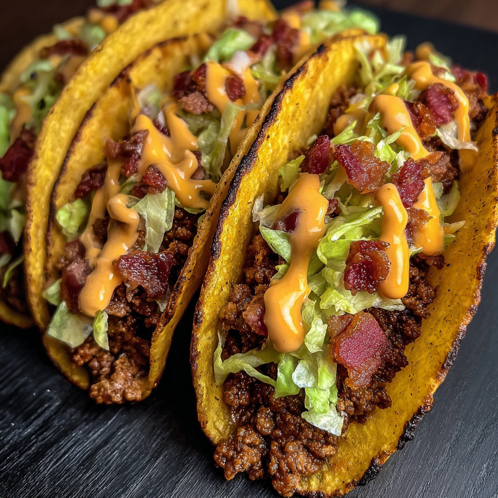 Two loaded bacon cheeseburger tacos with lettuce and cheese on a black surface.