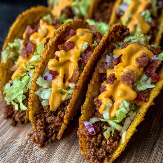 A delicious meal of chili cheese tacos on a wooden table.