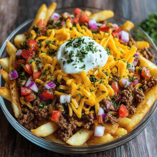 A delicious meal of Loaded Cheese Fries Beef is served in a bowl.