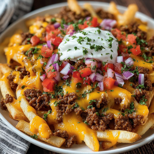 A plate of Loaded Cheese Fries Beef with a white sauce on top.