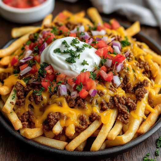 A delicious loaded cheese fries beef dish with a generous amount of cheese and tomatoes.
