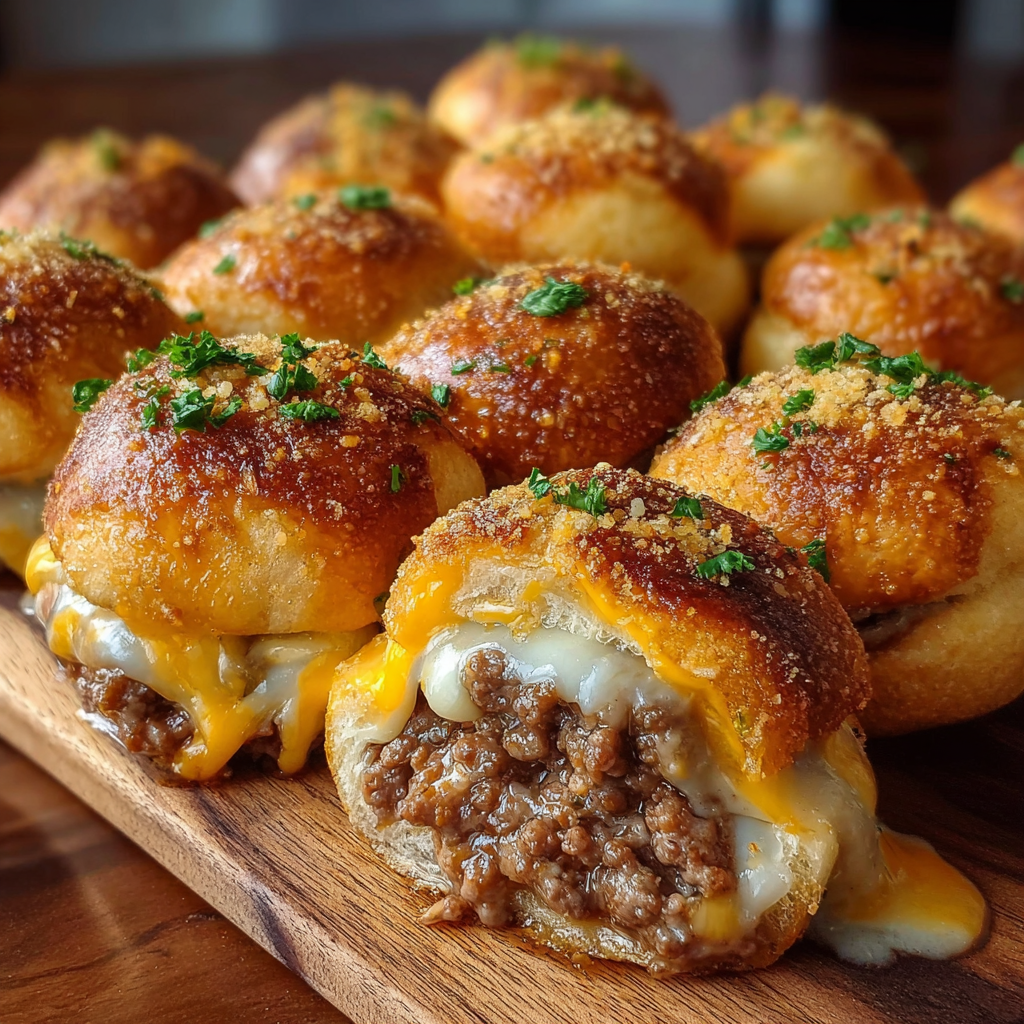 A plate of Garlic Parmesan Cheeseburger Bombs.
