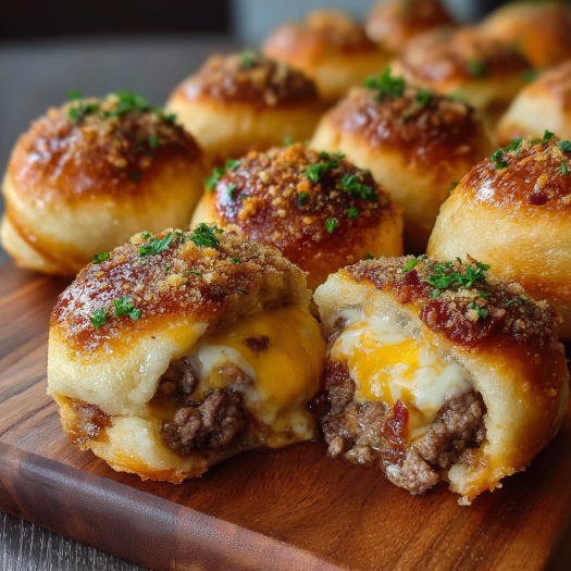 A wooden cutting board with a variety of food items on it, including a meat and cheese filled pastry, a meat and cheese filled bread, and a meat and cheese filled doughnut.