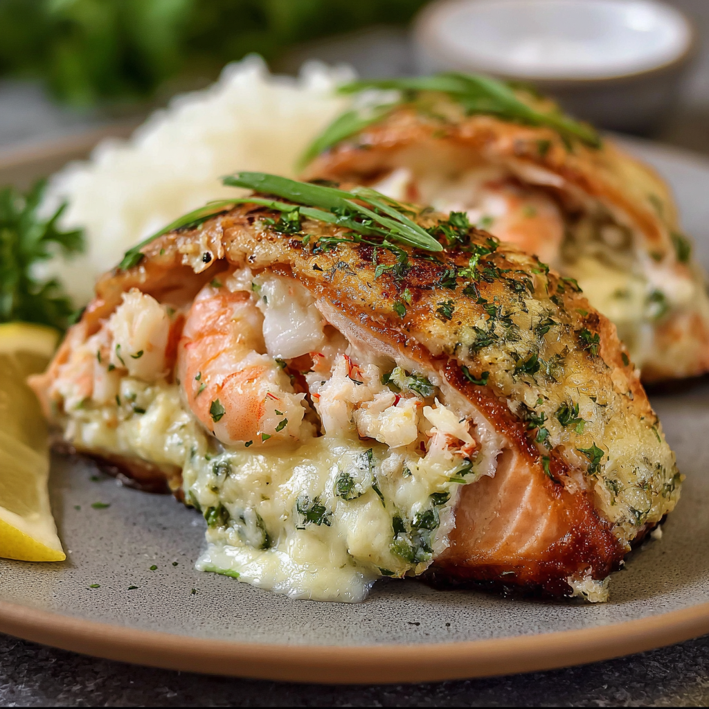 A plate of Crab Shrimp Stuffed Salmon with a lemon wedge on the side.