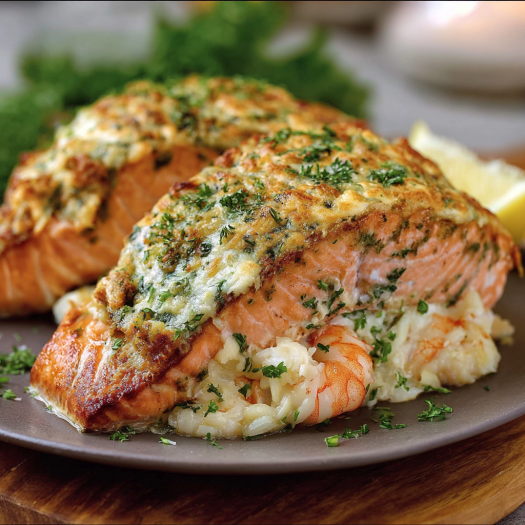 A plate of cooked salmon with a lemon wedge on the side.
