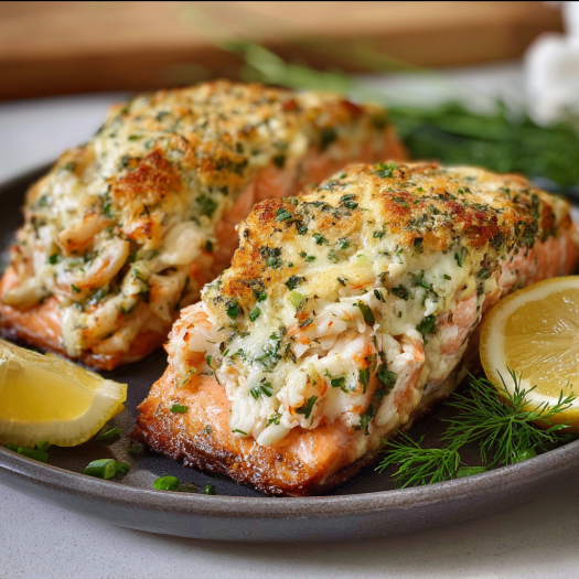 Two pieces of fish with a lemon wedge on the side, served with a side of herbs.