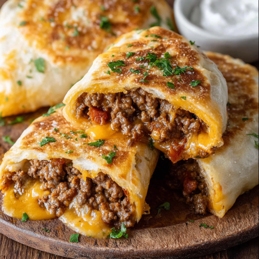 A delicious beef Meximelt cheesy taco is served on a wooden platter.