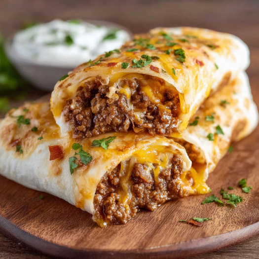 A delicious beef Meximelt cheesy taco is served on a wooden platter.