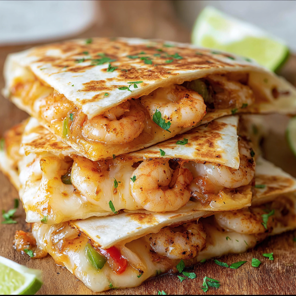A stack of Shrimp Quesadillas with melted cheese on a wooden table.