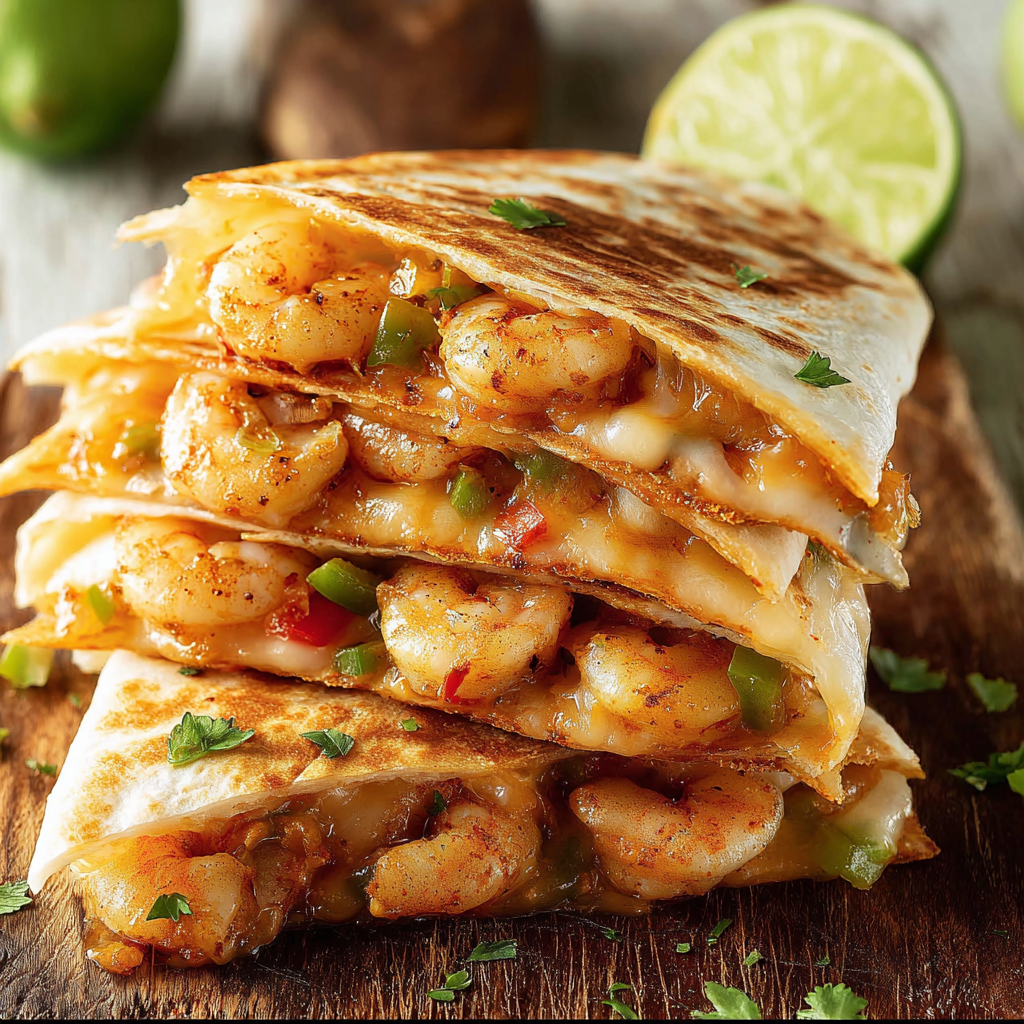 A Shrimp Quesadilla with Melty Cheese is stacked on a wooden table.