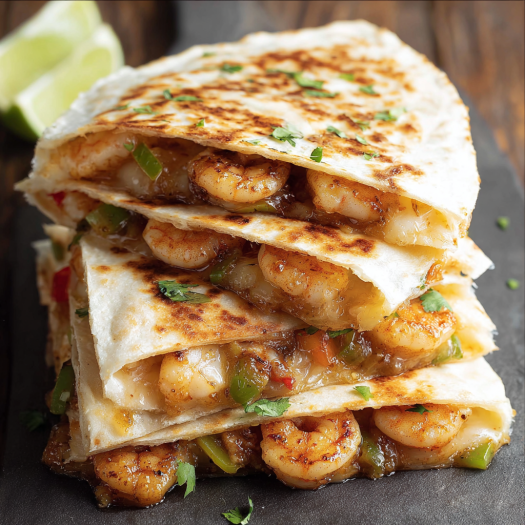 A stack of Shrimp Quesadillas with melted cheese on a table.