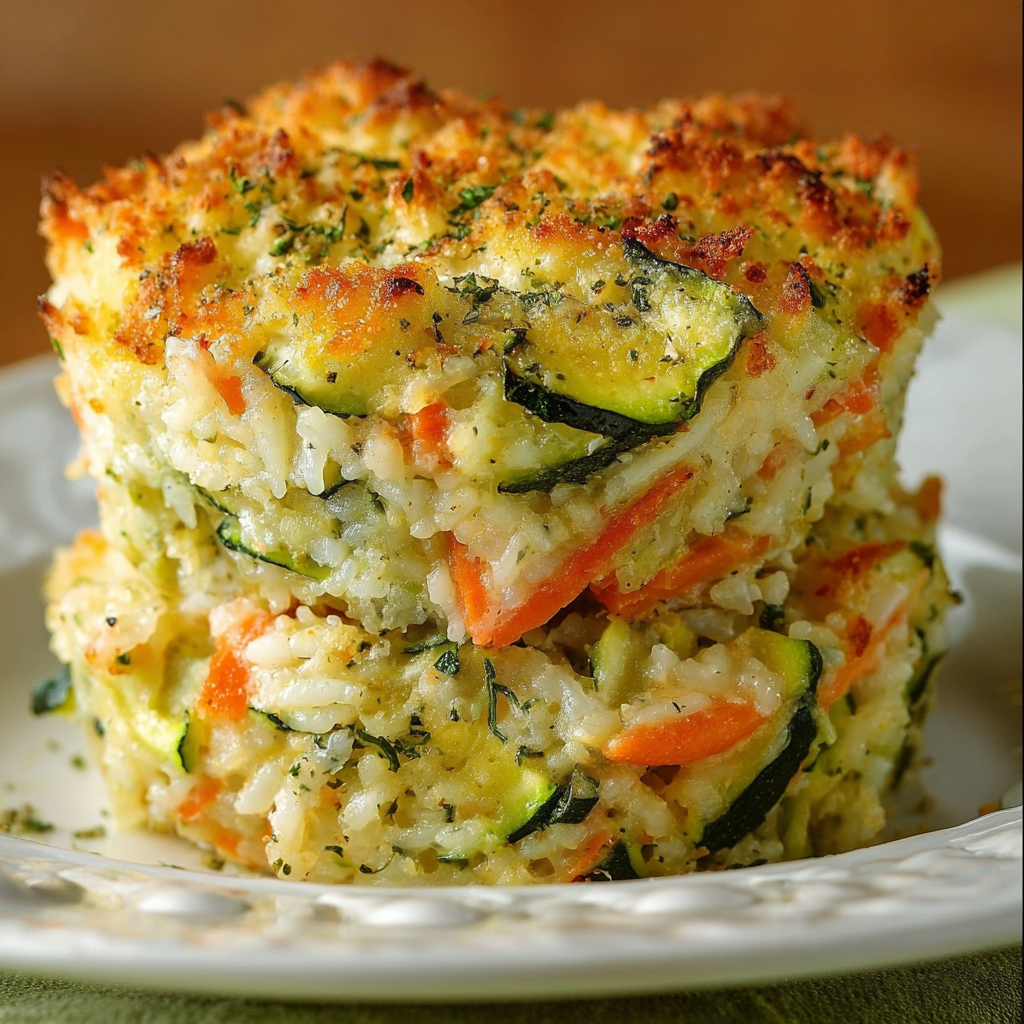 A delicious Zucchini Rice Casserole with Stuffing Mix is presented on a plate.