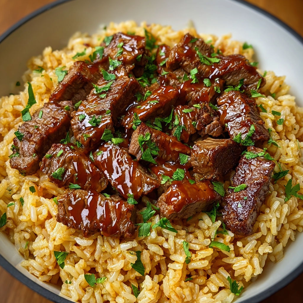 A bowl of rice with meat and sauce, possibly BBQ, and a green herb on top.