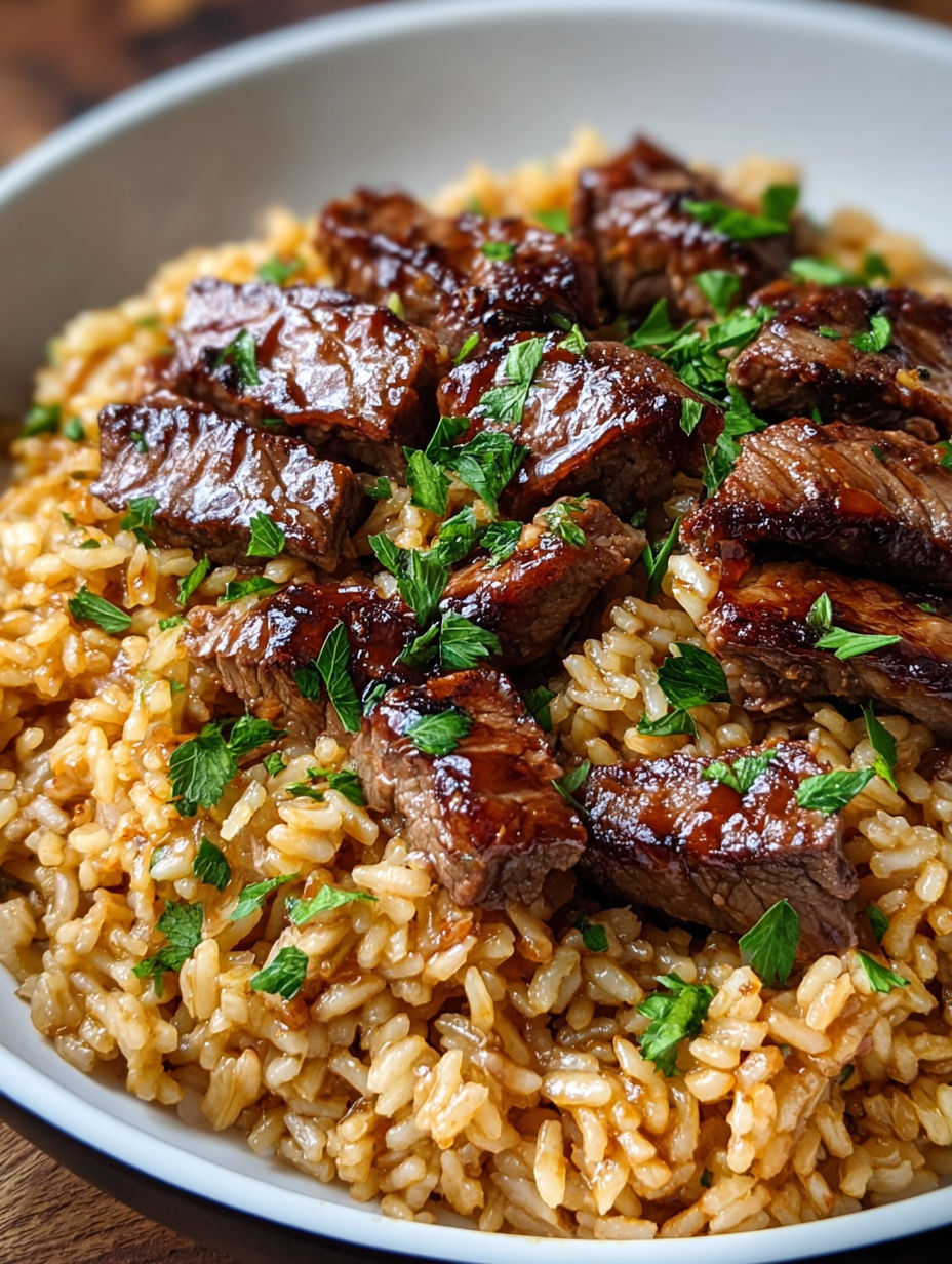 A bowl of rice with beef and vegetables, including green onions and parsley.
