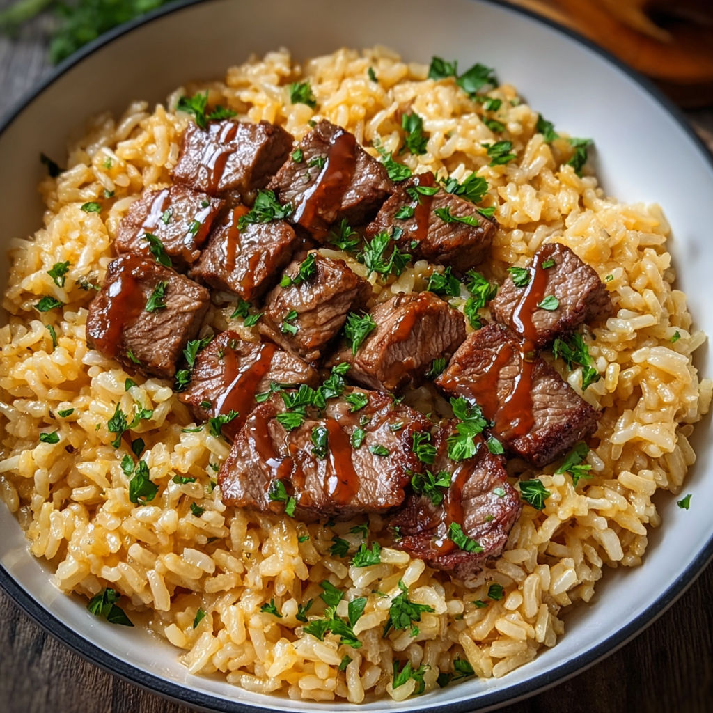 A bowl of rice with beef and gravy, accompanied by a green herb.