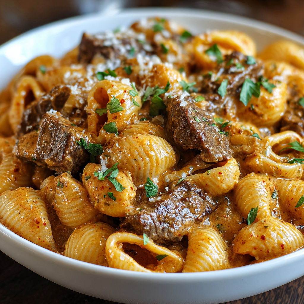 A bowl of Creamy Paprika Steak Shells with meat and pasta.