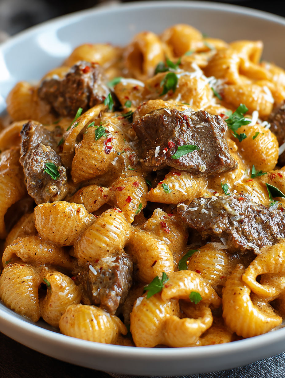 A plate of Creamy Paprika Steak Shells, featuring a delicious combination of pasta, meat, and spices.