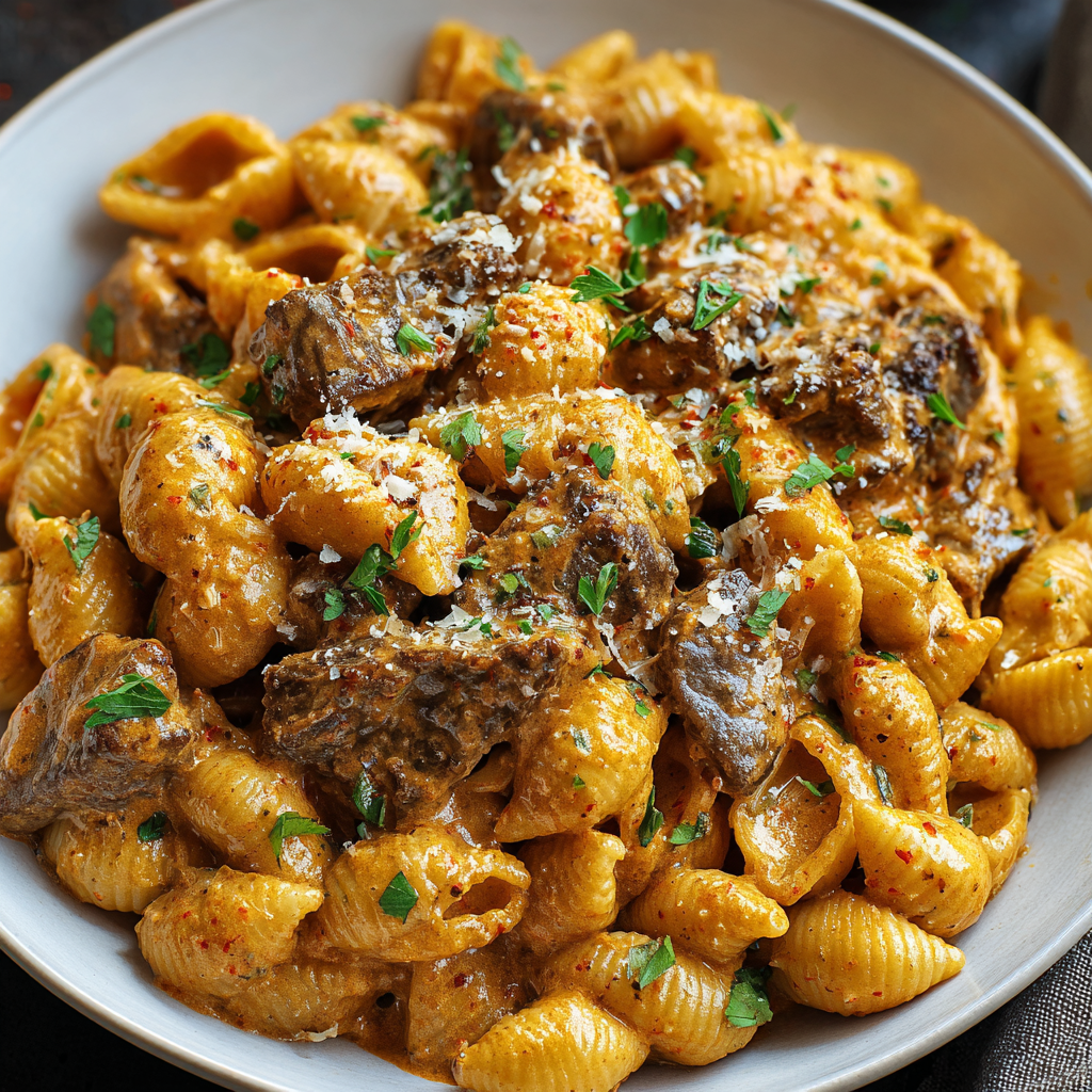 A bowl of creamy paprika steak shells with meat and sauce.