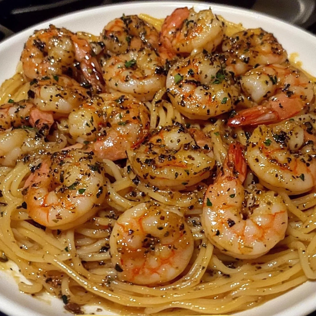 A delicious Garlic Shrimp Pasta dish, filled with shrimp, pasta, and a generous amount of garlic, is presented in a white bowl.