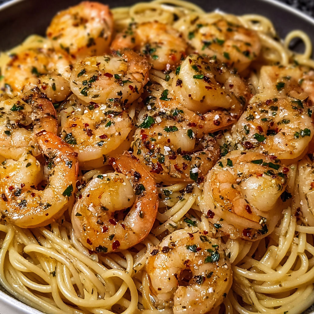 A dish of shrimp and pasta with a spicy seasoning.