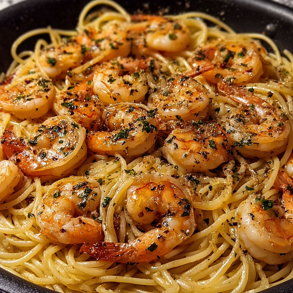 A bowl of shrimp and pasta with a generous amount of seasoning.
