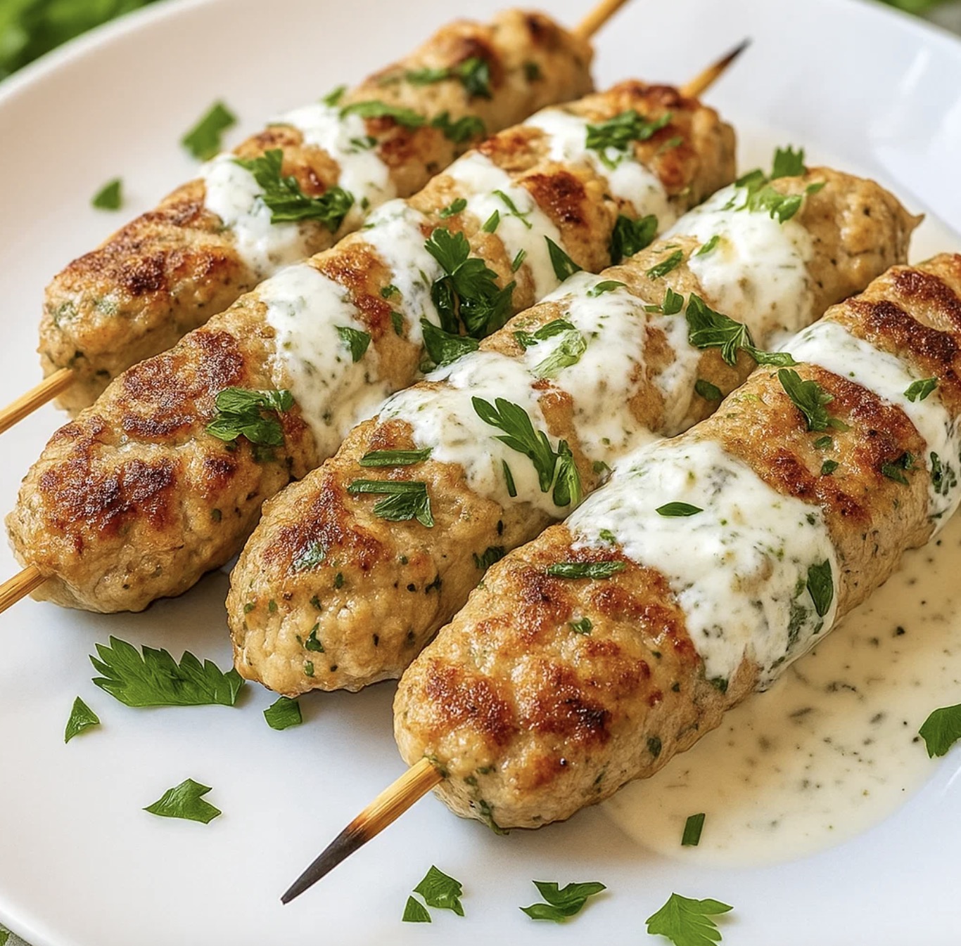 Chicken Kofta with Garlic Yogurt Sauce on a white plate.