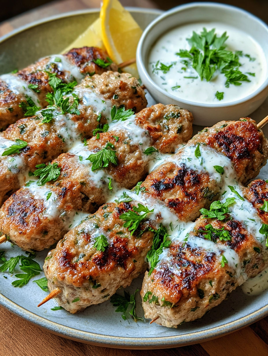 A plate of chicken kofta with garlic yogurt sauce.