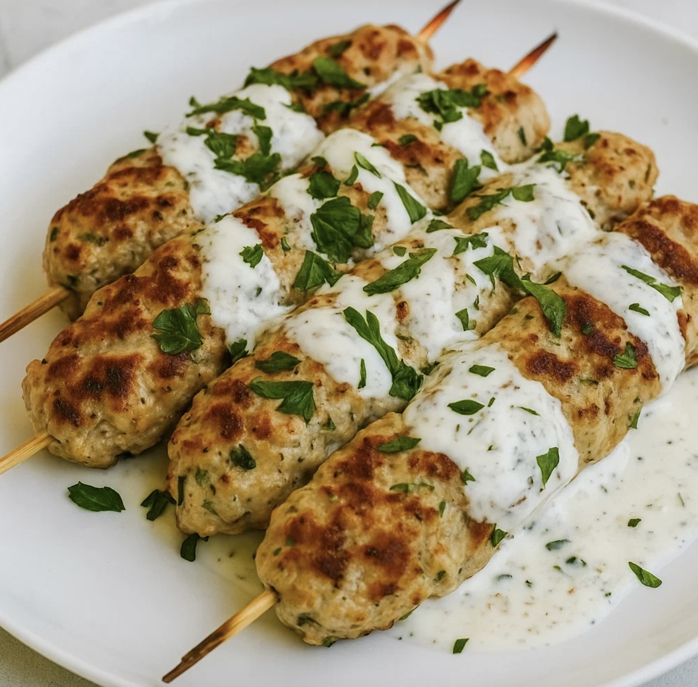 A plate of chicken kofta with garlic yogurt sauce.