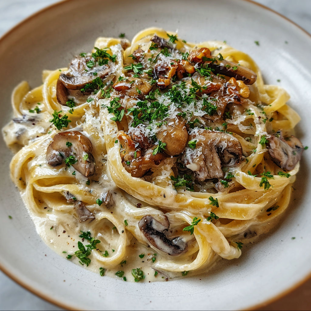 A plate of pasta with mushrooms, cheese, and herbs on top.