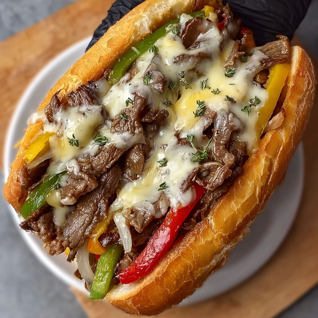 A close up of a sandwich with meat, cheese, and peppers on a plate.